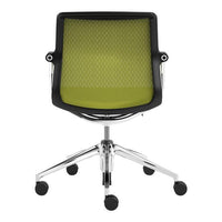 Green mesh ergonomic chair with a black frame and chrome 5-star base, featuring a modern, minimalist design.