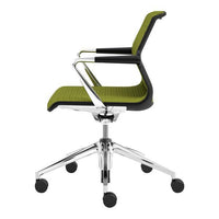 Green patterned chair with chrome accents and black armrests, featuring a modern design and sleek lines.