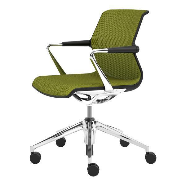 Green textured upholstery office chair with sleek chrome accents and a modern design. Perfect for stylish workspaces.
