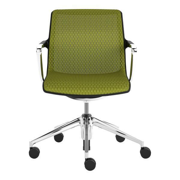Green patterned office chair with a stylish chrome base and rolling casters. Perfect for modern workspaces.