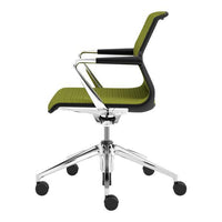 Green patterned seat with black accents and a chrome base, featuring a modern ergonomic design.