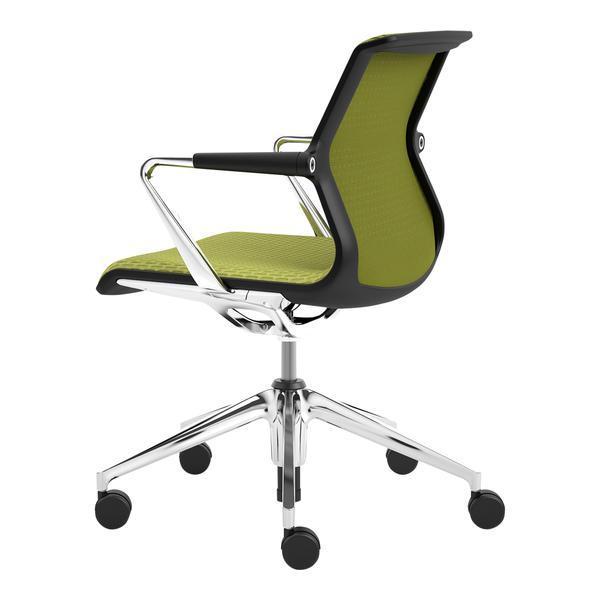 Green mesh office chair with a sleek black frame and chrome base, featuring minimalistic design and modern aesthetics.