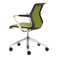 Green mesh office chair with a sleek black frame and chrome base, featuring minimalistic design and modern aesthetics.