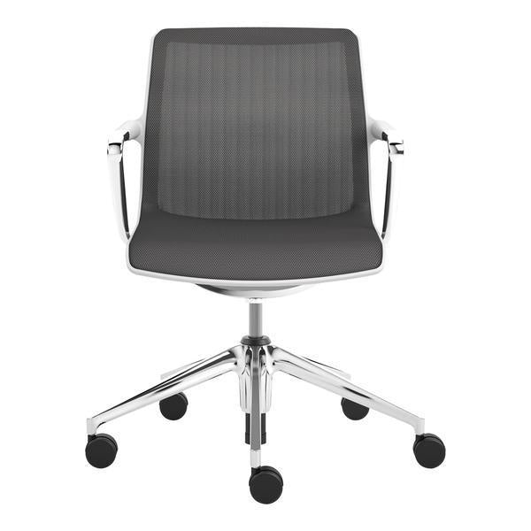 Gray ribbed mesh office chair with chrome base and five wheels, offering a modern and sleek design.