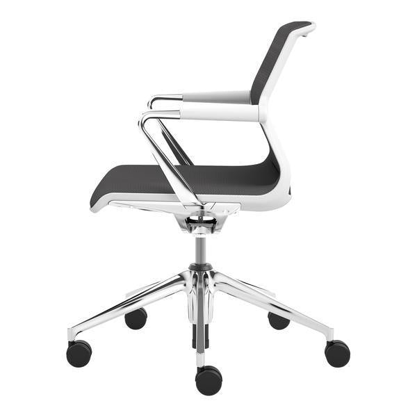Sleek black and white ergonomic office chair with modern chrome accents and a minimalist design.