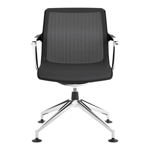 Black ribbed office chair with chrome accents and a minimalist design. Ideal for modern workspaces.