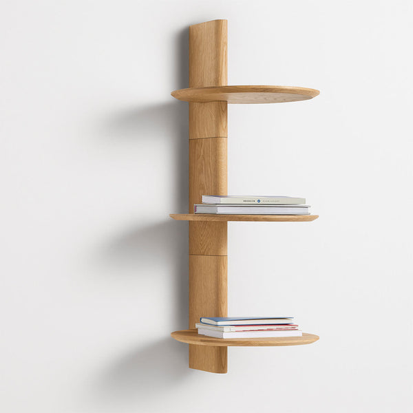 Natural wood wall shelf with a minimalist design and smooth, round shelves in a warm oak finish.