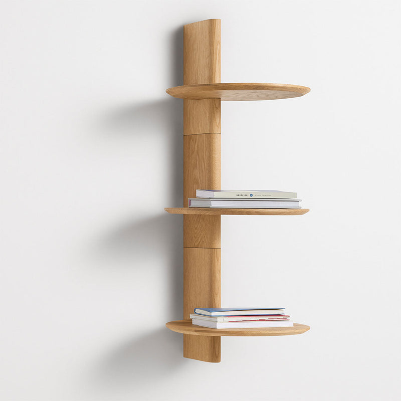Natural wood wall shelf with a minimalist design and smooth, round shelves in a warm oak finish.