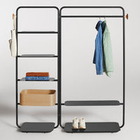 Modern black metal frame with natural wood accents, featuring solid shelves and hooks in soft pastel tones.