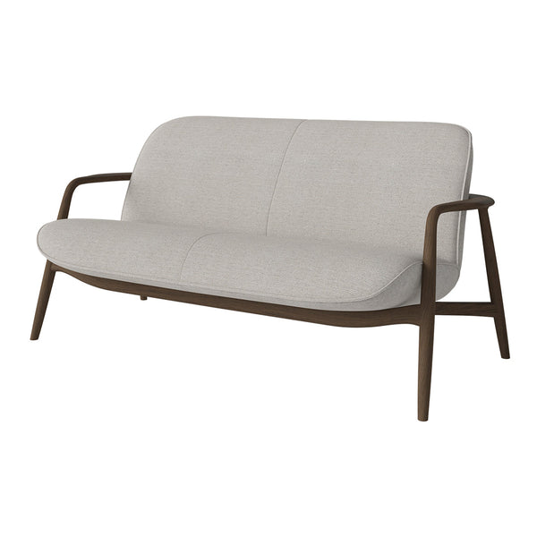 Light gray fabric sofa with a smooth texture, complemented by a dark wood frame for a modern, minimalist look.