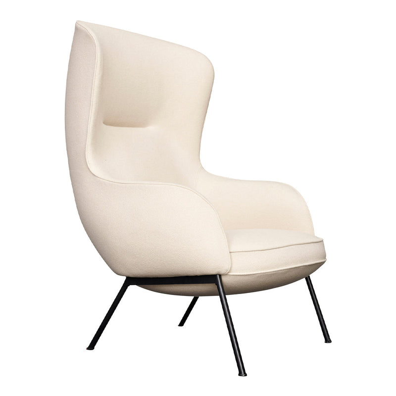 Cream-colored high-back chair with smooth curves and a minimalist design, featuring black metal legs.