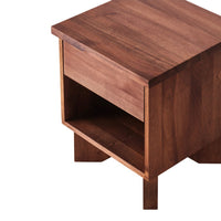 Walnut wood nightstand with a smooth brown finish and minimalist design, featuring a single drawer and open shelf.