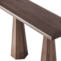"Dark wooden bench with a smooth surface and tapered legs, featuring a rich brown hue and subtle wood grain detail."