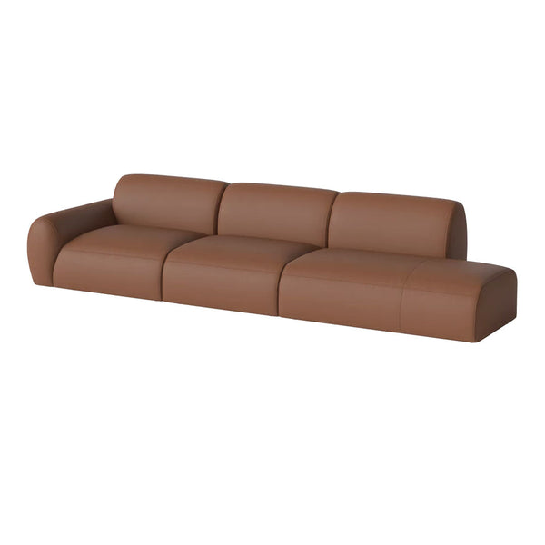 Brown leather sectional sofa with smooth, minimalist design and rounded edges. Ideal for modern living spaces.