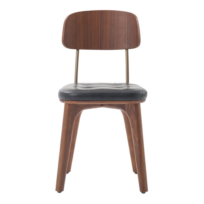Mid-century modern chair with a walnut wood finish and black leather cushion, featuring sleek lines and minimalist design.