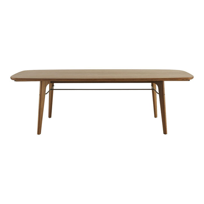Rectangular wooden coffee table with a smooth natural oak finish and black metal support. Elegant and minimalist design.