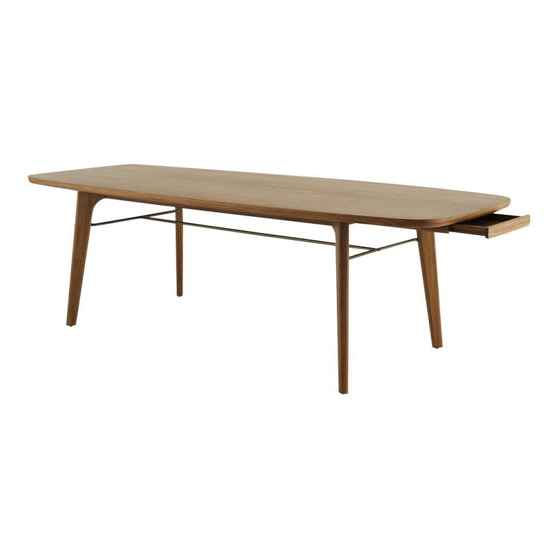 Mid-century modern coffee table in warm brown with smooth, simple lines and natural wood grain pattern.