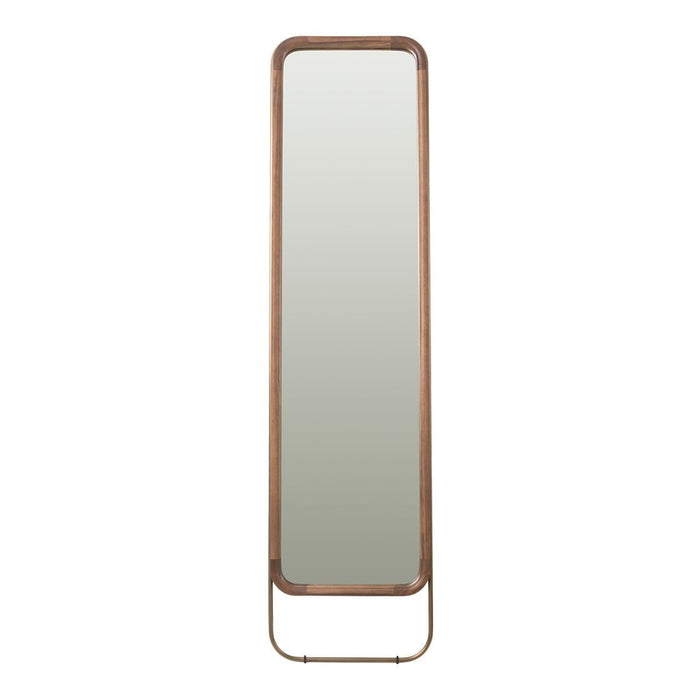 Full-length mirror with a sleek, minimalist wooden frame in natural tones, featuring a smooth, reflective surface.