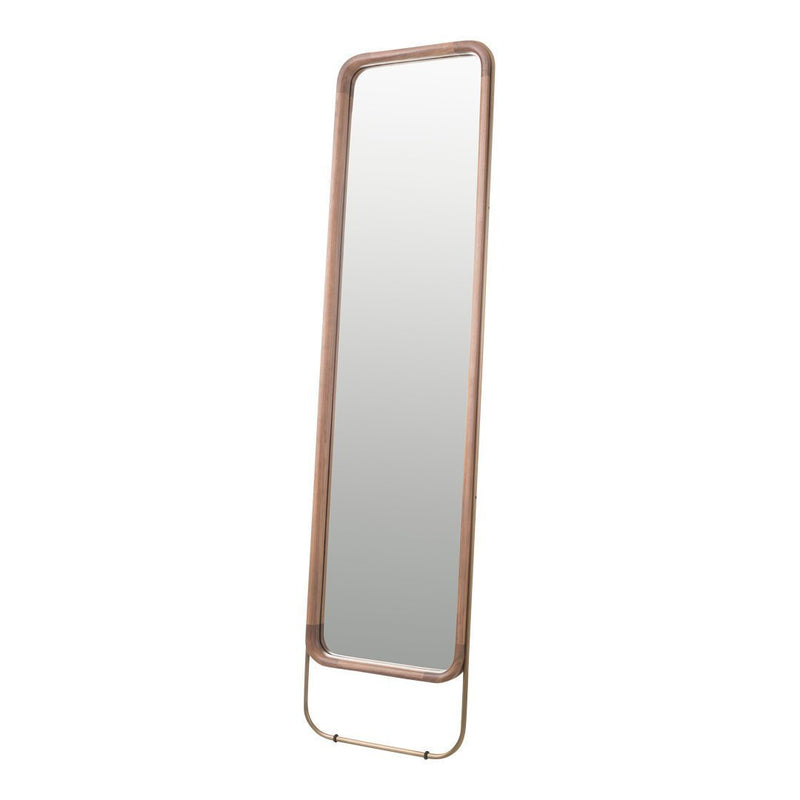 Full-length mirror with a sleek, minimalist design featuring a light wood frame and a simple metal stand.