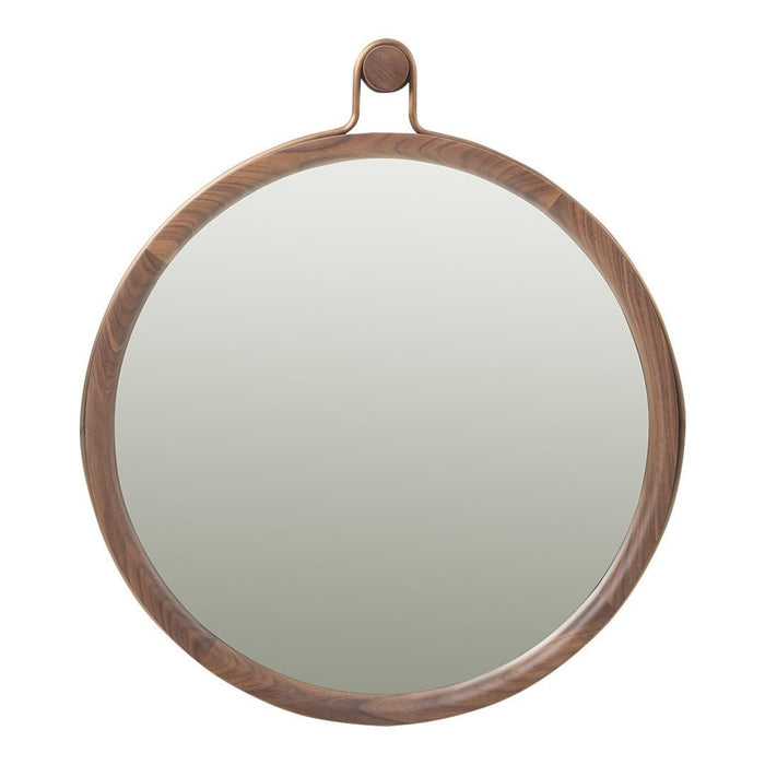 Round wooden mirror with a natural wood finish and a minimalist design. Ideal for adding warmth to any space.