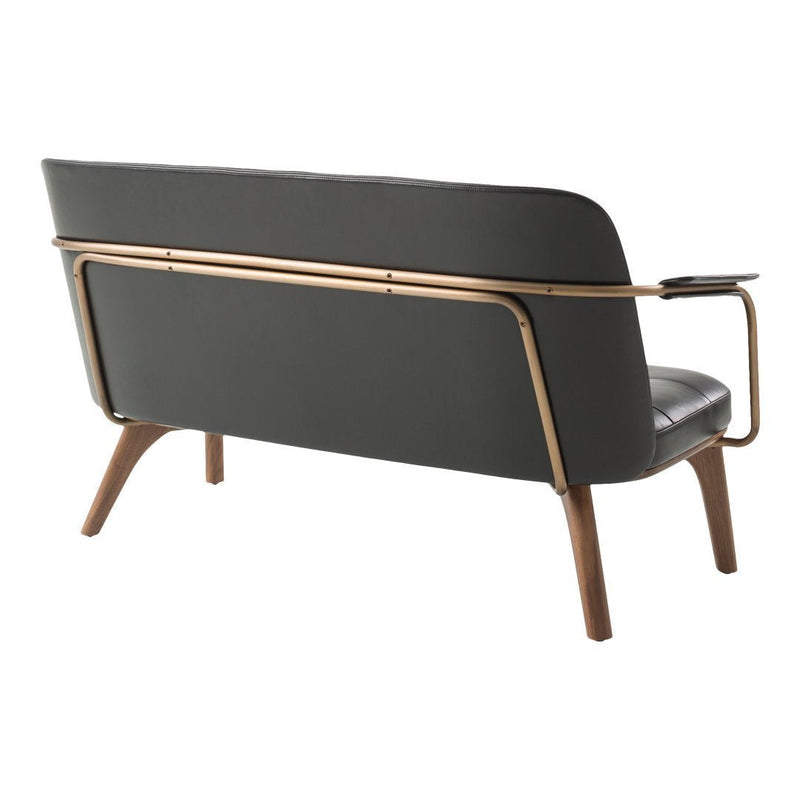 Sleek gray sofa with wooden legs and metallic accents, featuring a smooth, minimalist design.
