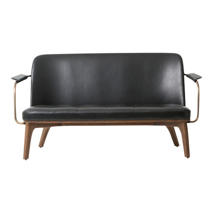 Black leather loveseat with sleek wooden legs and arms, featuring a minimalist mid-century modern design.
