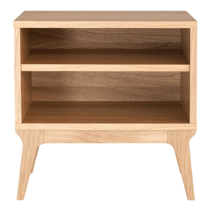 Natural wood nightstand in light oak finish with a smooth, simple design and two open shelves.