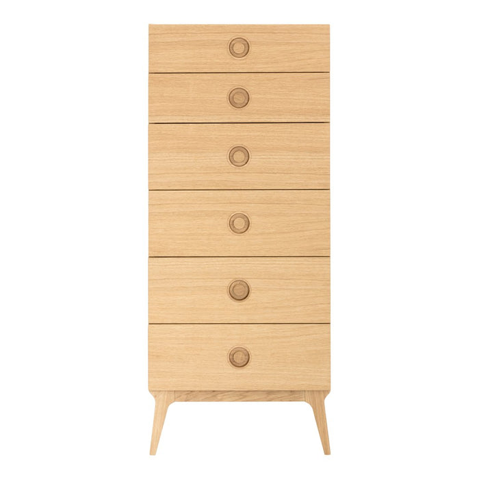 Light oak tall dresser with six smooth drawers and circular wooden knobs, featuring a sleek, minimalist design.