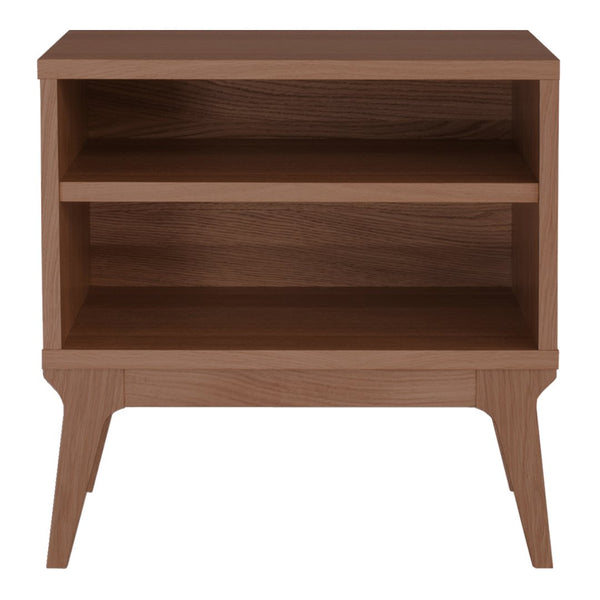 Wooden nightstand in warm brown finish with simple modern design and two open shelves.