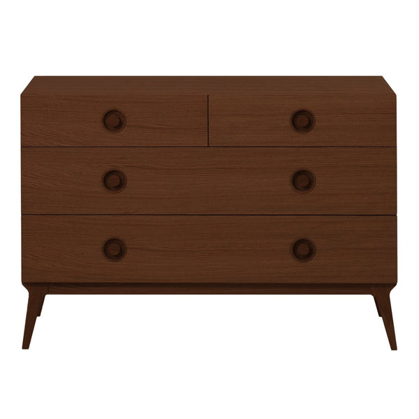 Brown wooden dresser with sleek lines and circular drawer pulls, featuring a minimalist design and four spacious drawers.