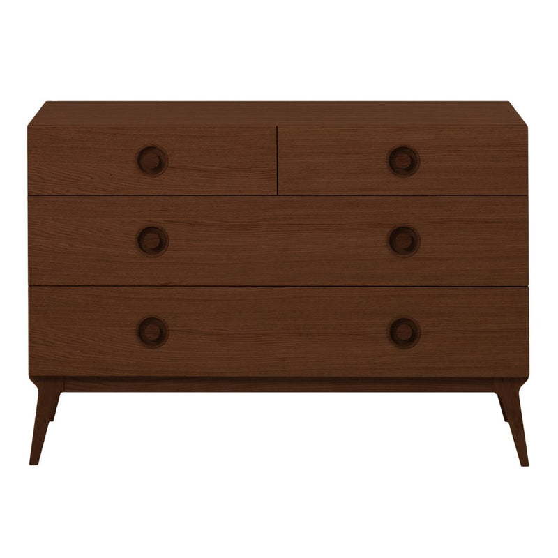 Brown wooden dresser with sleek lines and circular drawer pulls, featuring a minimalist design and four spacious drawers.