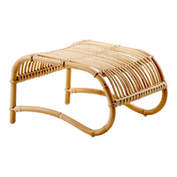 Natural bamboo ottoman with a smooth, curved design and horizontal slat pattern, ideal for a minimalist decor.