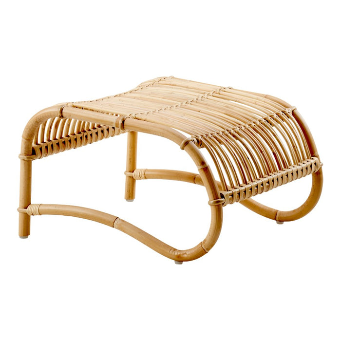 Natural bamboo ottoman with a smooth, curved design and horizontal slat pattern, ideal for a minimalist decor.