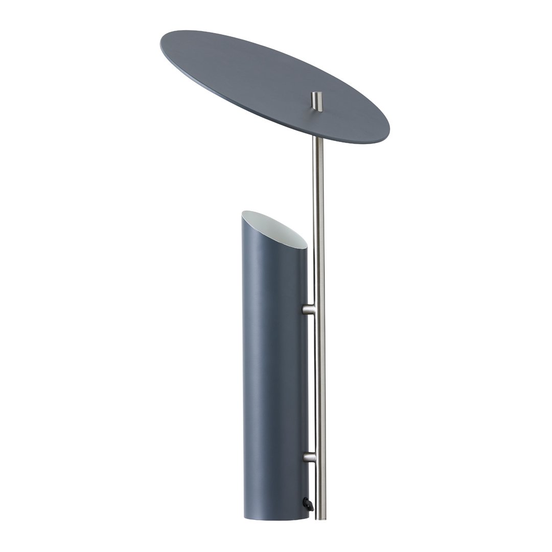Modern gray floor lamp with a sleek circular shade and cylindrical base, featuring a minimalist design.