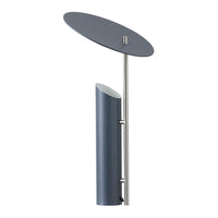 Modern gray floor lamp with a sleek circular shade and cylindrical base, featuring a minimalist design.
