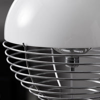 Modern white lamp with sleek chrome wire shade, showcasing a minimalist design and contemporary aesthetic.