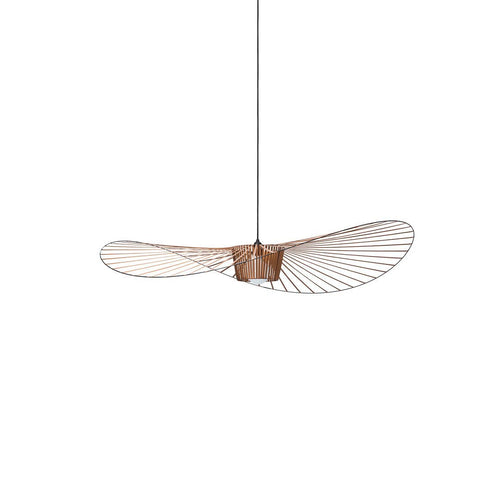 Minimalist pendant light with a unique wood and metal design, featuring a natural wood finish and sleek white patterns.