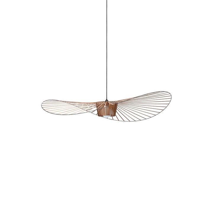 Minimalist pendant light with a unique wood and metal design, featuring a natural wood finish and sleek white patterns.