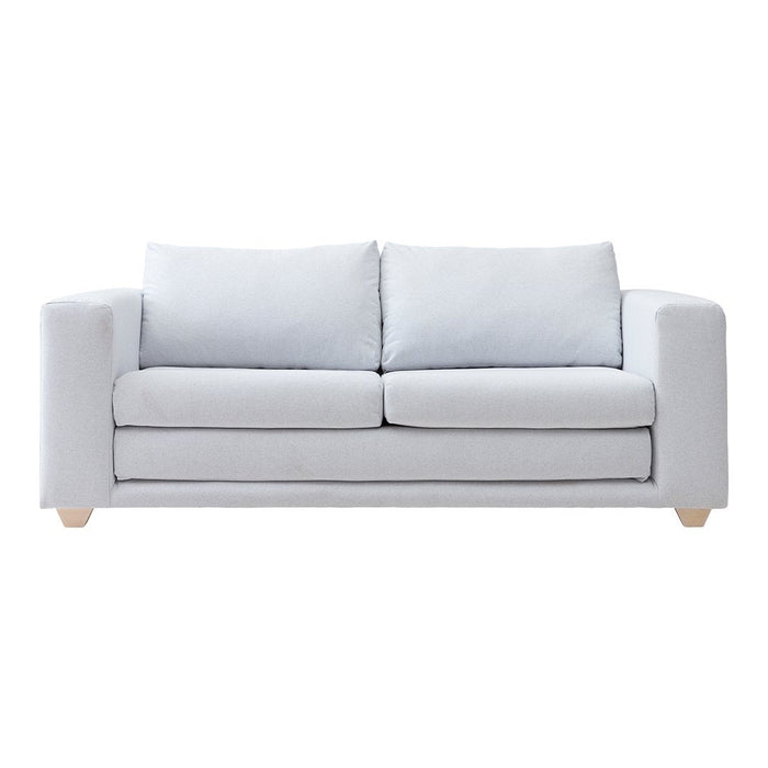 Light grey two-seater sofa with simple, solid color upholstery and natural wood legs for a modern look.