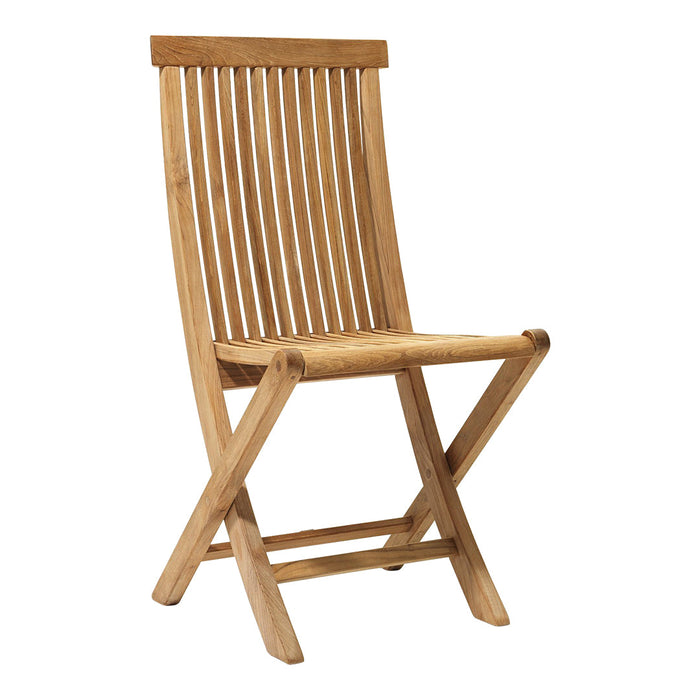 Natural wood folding chair with a smooth, slatted design and warm, light brown tones.
