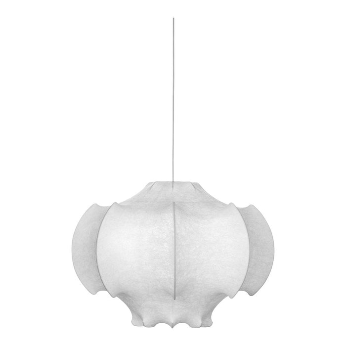 White scalloped pendant lamp featuring a smooth, minimalist design and soft, diffused light. Perfect for modern decor.