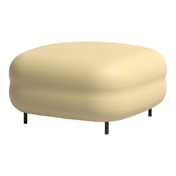 Creamy beige upholstered ottoman with a smooth, rounded shape and sleek black legs. Ideal for modern decor.