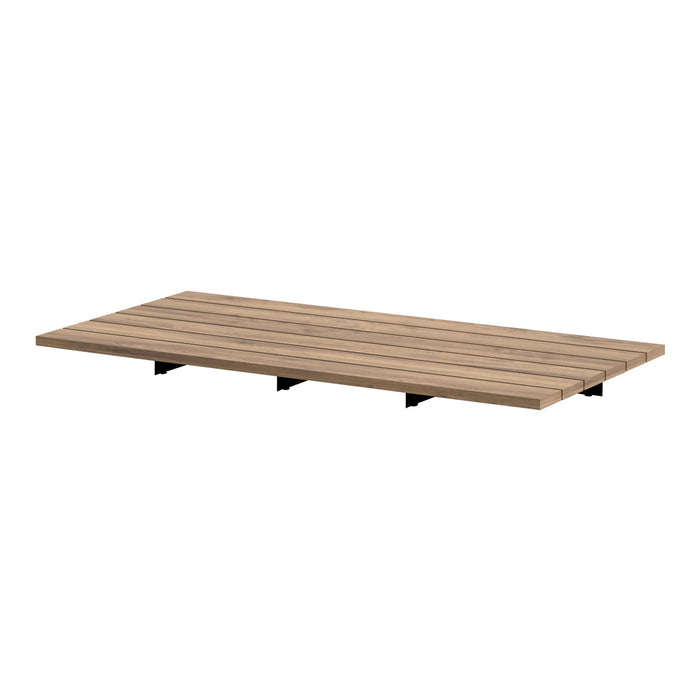 Natural wood grain shelf with horizontal stripes and sleek black brackets. Neutral tones for versatile decorating.