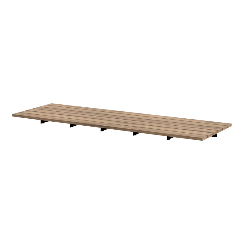 Light wood shelf with horizontal slats and dark metal brackets, featuring a natural finish and minimalist design.