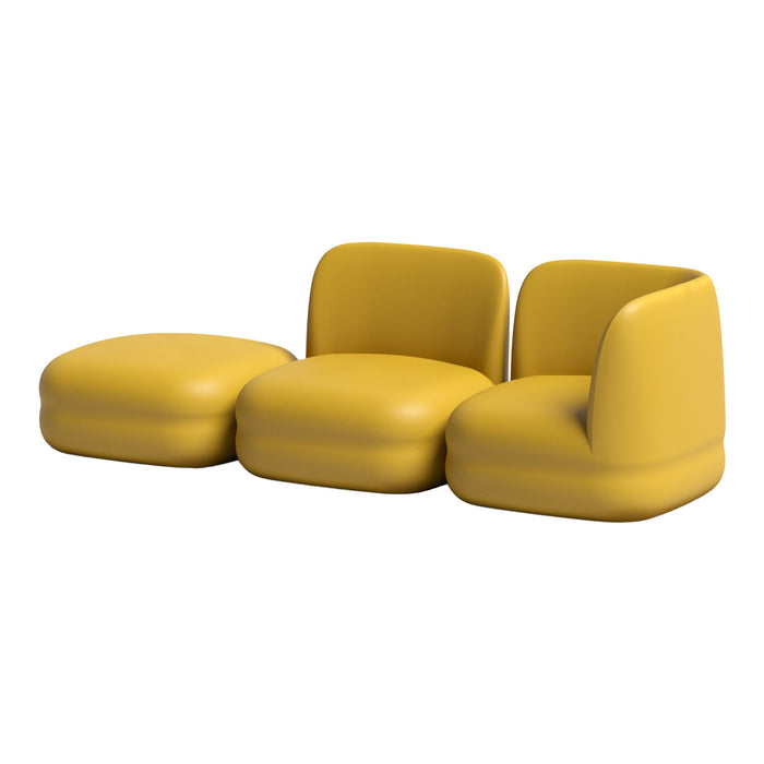 Bright yellow modular sofa with smooth, rounded shapes and minimalist design, perfect for modern interiors.