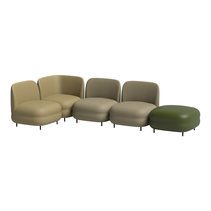 Stylish modular sofa in warm beige and olive green hues with soft, rounded shapes and smooth, minimalist design.