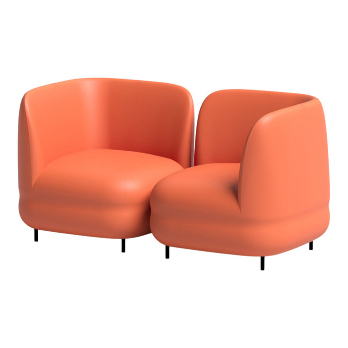 Pair of modern chairs in vibrant coral orange with smooth curves and minimalist black legs. Ideal for contemporary spaces.