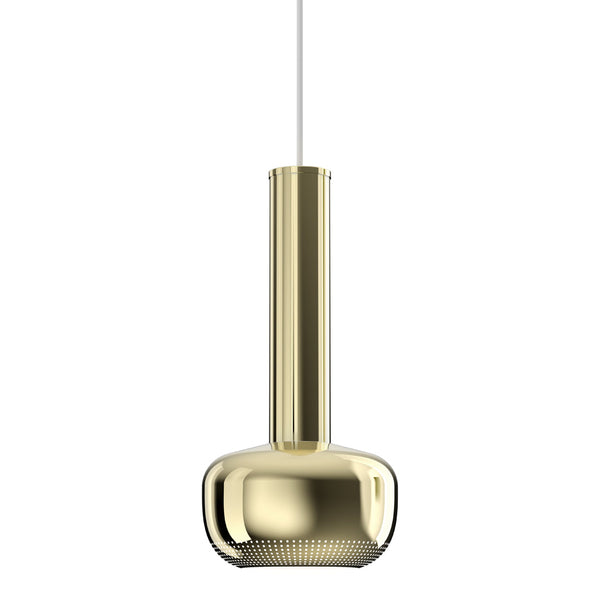 Sleek gold pendant lamp with a glossy finish and modern, minimalist design. Perfect for contemporary decor.