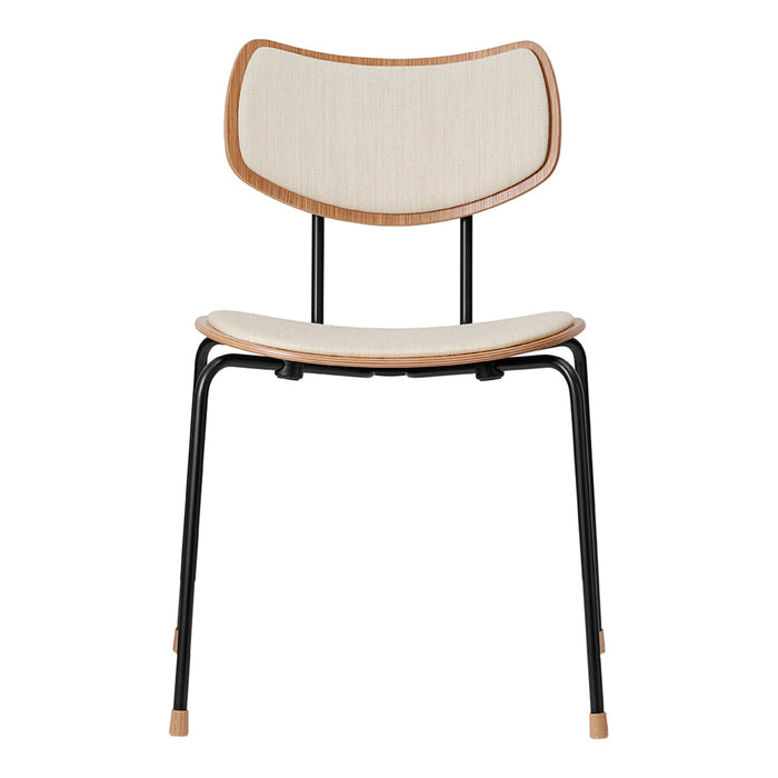 Light beige upholstered chair with a natural wood backrest and black metal legs, featuring a sleek, minimalist design.