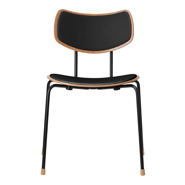 Black chair with a curved wood backrest and sleek metal legs, showcasing a modern minimalist design with natural accents.